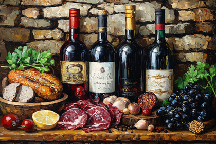 Wine Bottles with Food Still Life