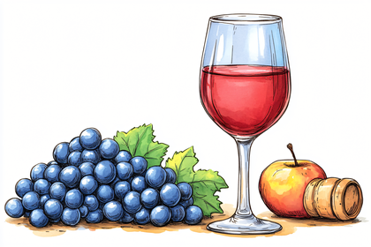 Wine Glass with Grapes and Apple Illustration