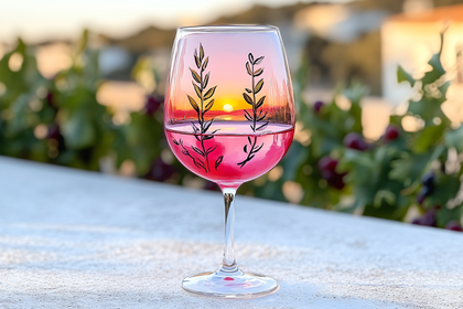 Wine Glass with Sunset Painting