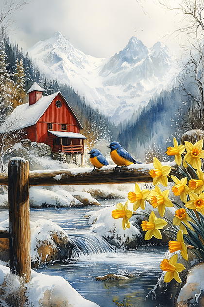 Winter Barn With Bluebirds And Daffodils