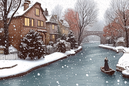 Winter Canal Scene With Bridge And Boat
