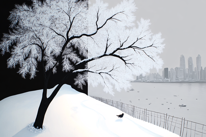 Winter Cityscape with Snowy Tree and Bird