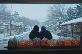 Winter Couple and Glowing Hearts