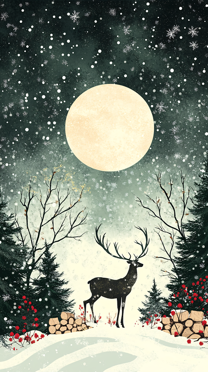 Winter Forest Scene With Deer