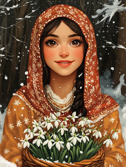 Winter Girl with Snowdrop Bouquet