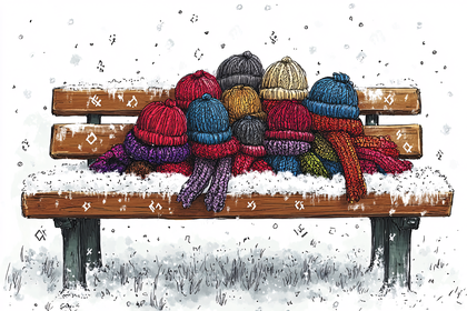 Winter Hats and Scarves on a Bench