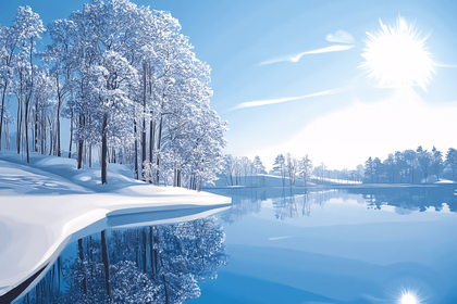 Winter Landscape With Snow Covered Trees And Lake Reflection
