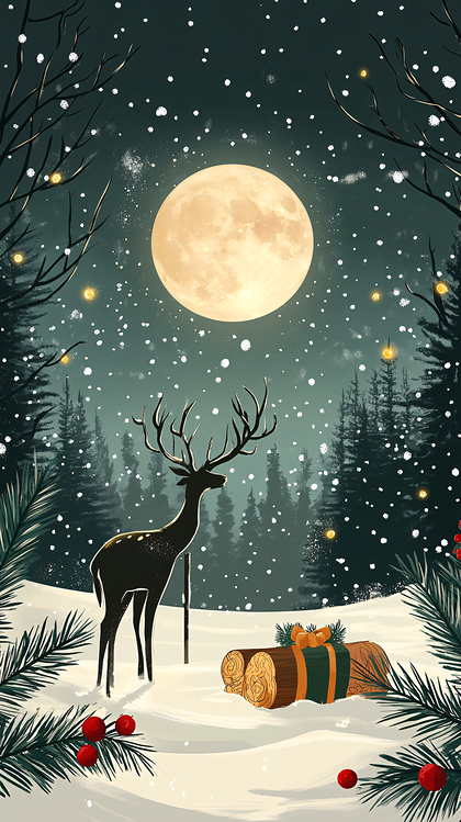 Winter Night Scene With Deer And Gift