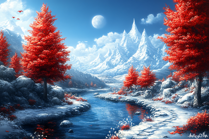 Winter Red Tree River Scene