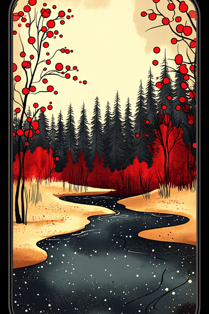 Winter River Landscape With Red Berries