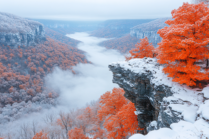 Snowy Cliffside Overlook with Autumn Foliage in Canyon Vista
