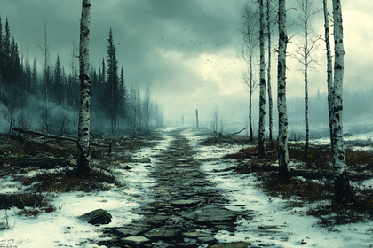 Snowy Trail Through a Ghostly Birch Forest
