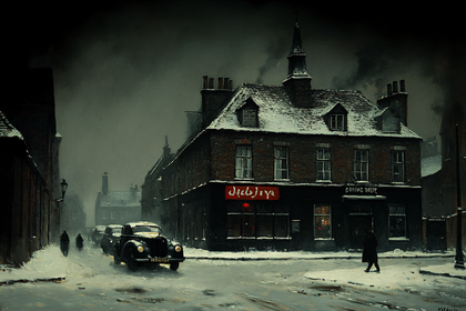 Winter Street Scene with Vintage Cars and Snowy Buildings
