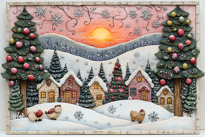 Winter Village Scene With Christmas Trees And Sunset