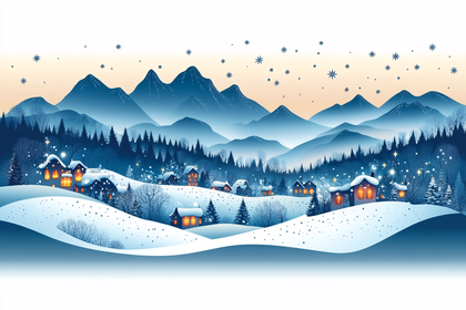 Winter Village Scene with Snowy Mountains