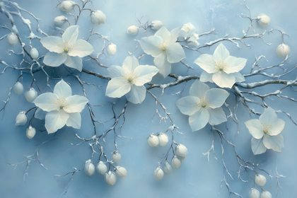 Winter White Flowers on Blue Background