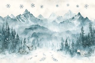 Winter Wilderness Scene with Wolves and Mountains