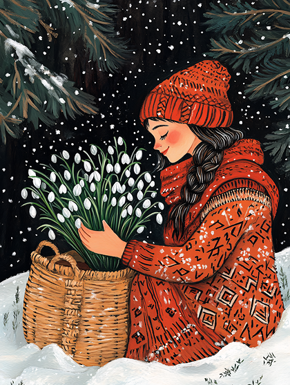 Girl with Snowdrop Flowers in Winter Scene