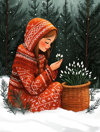 Woman in Orange Hooded Coat Admiring Snowdrops in Winter Forest