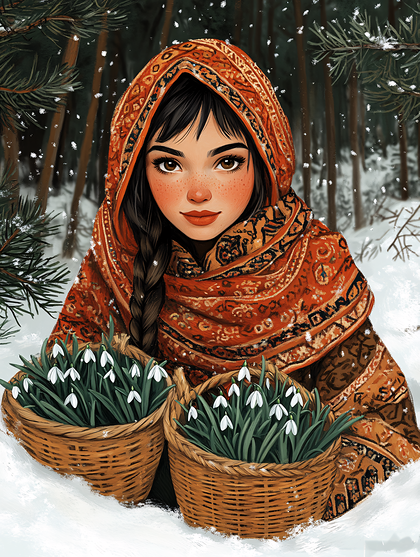 Girl in Orange Shawl with Snowdrops in Snow