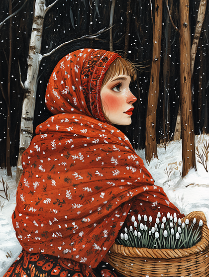 Woman in Red Shawl with Flowers in Snowy Forest