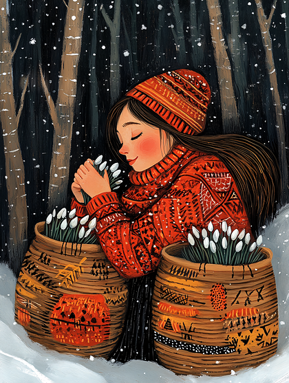 Girl in Red Sweater with Snowdrops Illustration