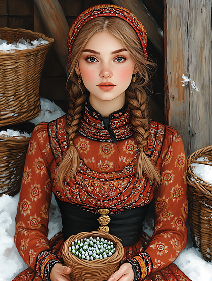 Woman in Traditional Attire Holding Basket of Snowdrops