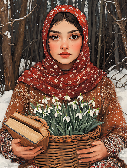 Young Woman in Red Headscarf Holding Flowers and Books in Winter Painting