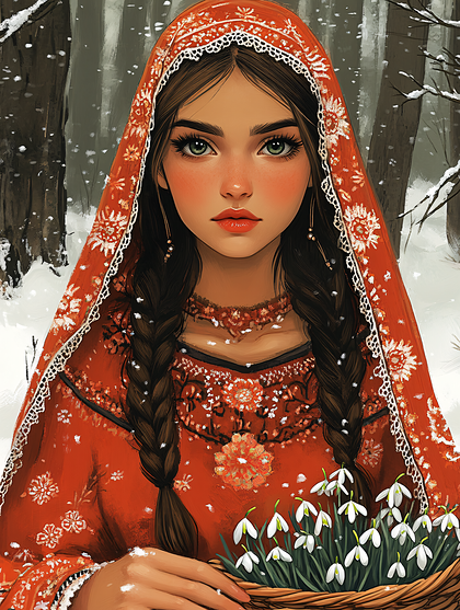 Portrait of Woman in Red Dress Holding Snowdrops in a Snow-Covered Forest