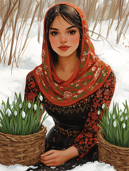 Woman in Red Scarf with Snowdrops in Winter Scene