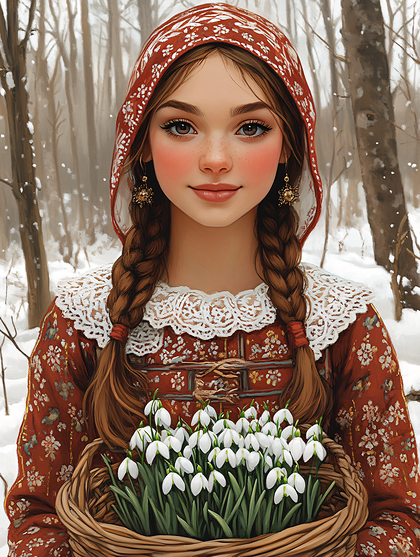 Young Woman with Snowdrops in Snowy Forest Digital Art