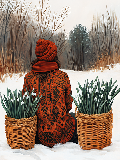 Woman in Red with Snowdrops in Baskets Painting