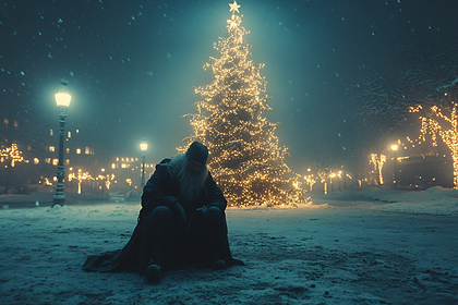 Lonely Figure in Snowy Scene with Christmas Tree