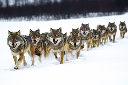 Wolf Pack Running in Snow
