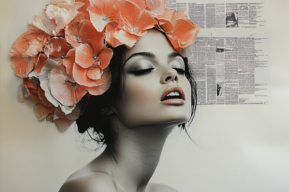 Woman Adorned with Flowers and Newspaper Art