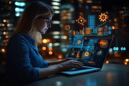 Woman Analyzing Data on Laptop at Night