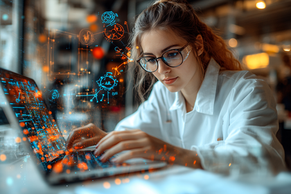 Woman Analyzing Data On Laptop With Digital Overlays