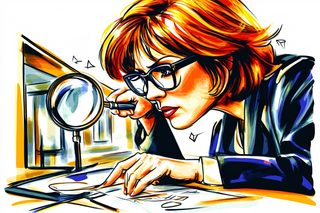 Woman Analyzing Document with Magnifying Glass