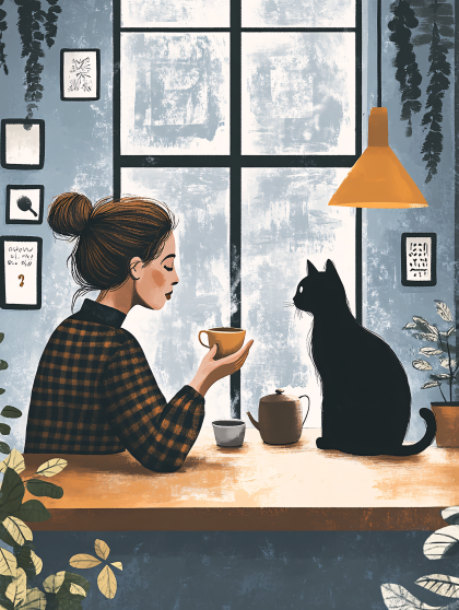 Woman And Cat Enjoying Tea By The Window