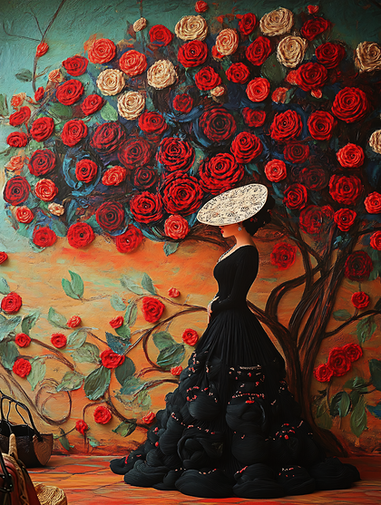 Woman Beside Red Rose Tree