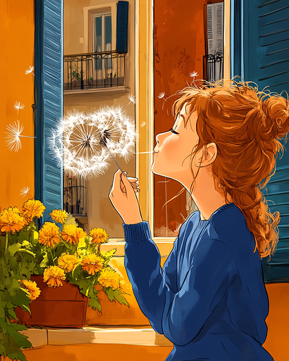 Woman Blowing Dandelion By Window
