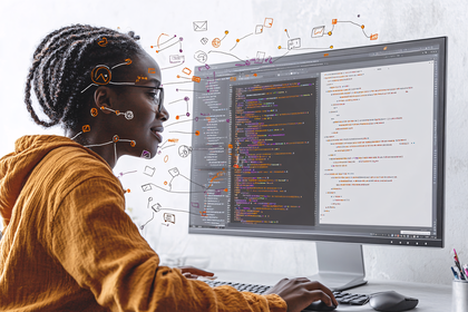 Woman Coding At Computer With Doodle Overlay