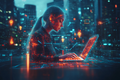Woman Coding in Digital City