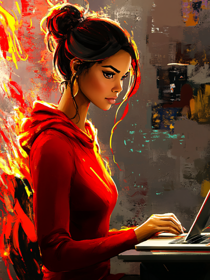 Woman Coding In Red Hoodie