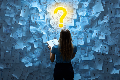 Woman Contemplating a Wall of Questions