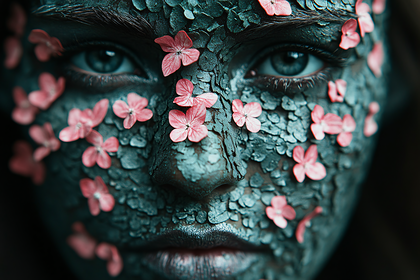 Woman Face Covered In Bark And Flowers