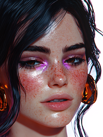 Woman Face With Freckles And Glossy Makeup