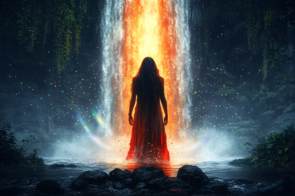 Woman Facing the Fiery Waterfall