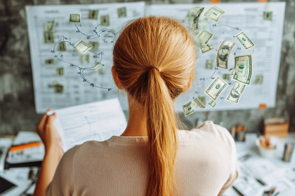 Woman Facing Wall Chart with Money and Lines