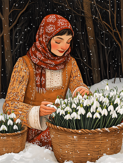 Woman Gathering Snowdrops